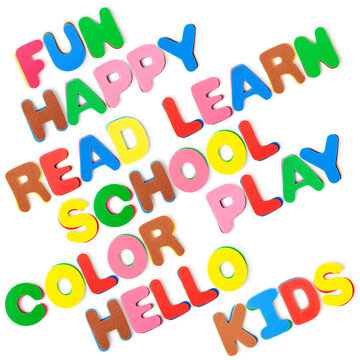 Foam letter photography with playful educational words for kids isolated on white background.