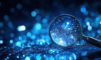 Poster - Magnifying glass revealing sparkling blue bokeh background with shimmering lights.