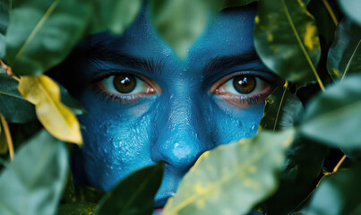 Poster - Blue face emerging from green leaves in a vibrant nature setting.