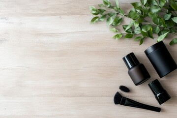 Aufkleber - Skincare products are neatly arranged on a light wooden surface, showcasing their eco-friendly and organic qualities with ample copy space on the right