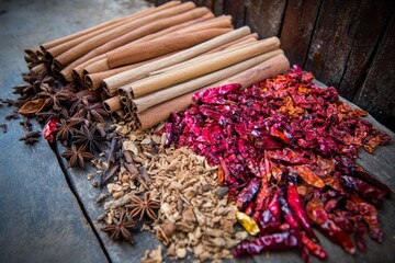 Poster - A vibrant collection of spices, featuring cinnamon sticks, star anise, and dried chilies, is artfully arranged on a weathered wooden table, inviting culinary inspiration
