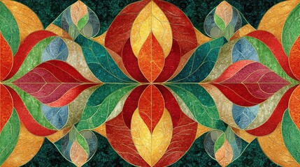 Poster - Ornamental Ceramic Tile Pattern with Colorful Leaf Shapes Design