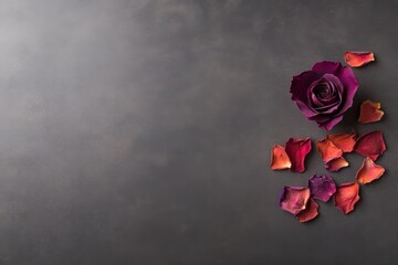 Leinwandbilder - A collection of dried rose petals surrounds a striking purple rose, creating an elegant arrangement on a smooth surface. Perfect for design or decor inspiration