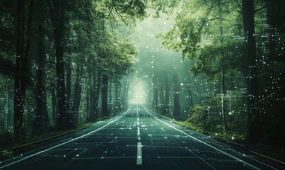 Poster - futuristic road through a dense forest with digital elements and glowing lights.