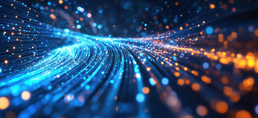 Aufkleber - Abstract digital background with glowing blue and orange particles flowing in waves.