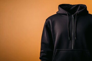 Leinwandbilder - A black pullover hoodie on a mannequin features a partially open zip, elegantly showcased against a neutral beige backdrop