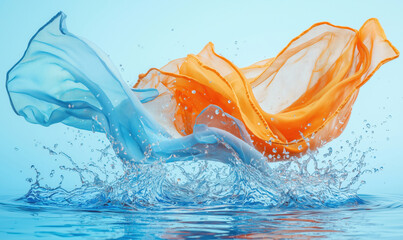 Poster - Colorful silk fabrics splashing in water creating dynamic motion and vibrant visuals.