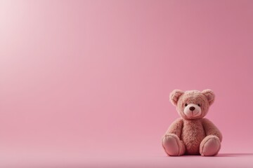 Poster - A single teddy bear sits upright on a pale pink background, surrounded by soft shadows that enhance its adorable character and create ample copy space on the right