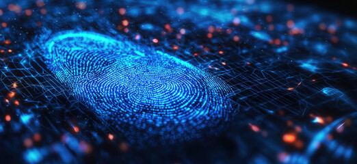 Poster - Digital fingerprint technology representation with glowing blue patterns and data connections.