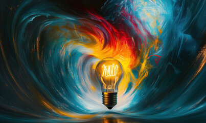 Poster - Illuminated Light Bulb Surrounded by Colorful Swirling Flames and Waves.