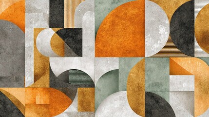 Poster - Abstract Retro Ceramic Tile Pattern with Geometric Shapes in Warm Tones