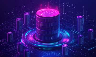 Poster - Futuristic data center with glowing servers and digital circuits in vibrant colors.