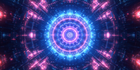 Poster - Futuristic abstract digital tunnel with glowing blue and pink lights and circular patterns.