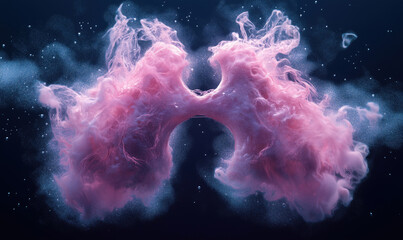 Poster - Abstract pink smoke formation resembling lungs in dark background with bubbles.