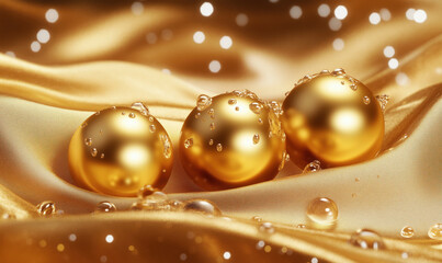 Poster - Golden spheres with water droplets on luxurious satin fabric background.