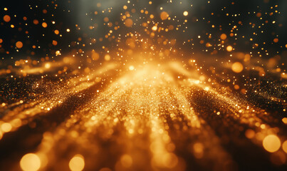 Poster - Golden glittering particles creating magical bokeh effect in soft focus background.