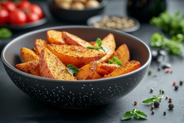 Poster - A modern ceramic dish presents beautifully roasted sweet potato wedges, topped with a vibrant herb sauce, set against a minimalist backdrop