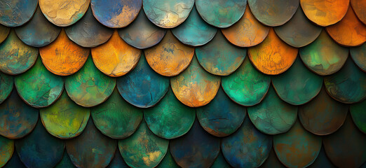 Poster - Colorful textured scales in vibrant green, orange, and blue hues for artistic backgrounds.