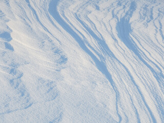 Wall Mural - beautiful winter background with snowy ground. natural snow texture. wind sculpted patterns on snow 