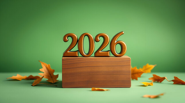  2026 on a wooden cube, green background.  Iridescent colors, light aura, mystical feel. Soft focus, subtle reflections Sculptural clay art Overhead view of 2026 on a wooden cube, green,