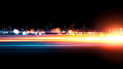 Fototapete - A single blue light ray moves horizontally against a dark backdrop, creating motion blur effects and ample space for text or graphics on the right side