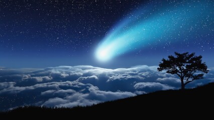 Wall Mural - a comet is shooting through the sky above a tree. the sky is dark and cloudy, and the comet is the o