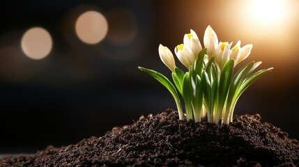 Poster - Green sprouts break through dark soil, illuminated by soft sunlight, showcasing new life and growth beneath a partially cloudy sky in a serene landscape