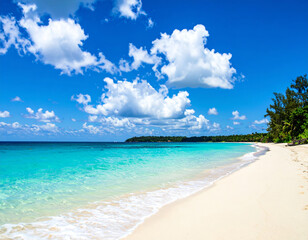 Wall Mural - stunning tropical beach scene featuring soft white sand, clear turquoise waters, and bright blue sky adorned with fluffy white clouds. serene atmosphere invites relaxation and enjoyment of nature