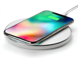 Wall Mural - Phone charging wirelessly on white pad isolated on white background