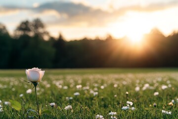 Poster - Single pastel rose surrounded by delicate wildflowers illuminated by soft sunlight conveys a serene and refreshing spring atmosphere with vibrant colors