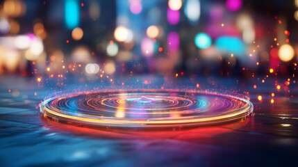 Poster - A medium close-up highlights a holographic interface with a rotating 3D shape, surrounded by glowing fractal particles, set against a vibrant neon background