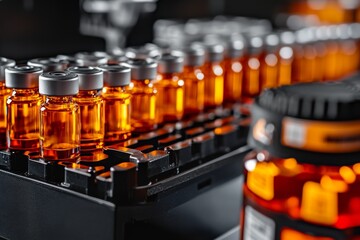 Poster - Automated process fills glass vials with liquid medication on a pharmaceutical assembly line, showcasing careful handling under sterile conditions