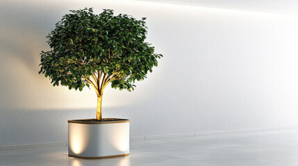 Aufkleber - Healthy indoor tree with lush green leaves in modern white planter, illuminated by soft lighting, stands against minimalist white wall, creating calm and fresh atmosphere