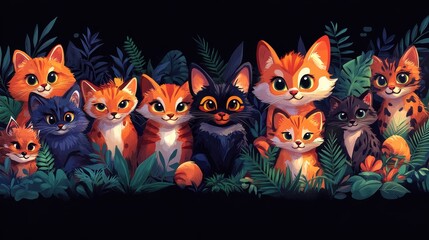  Pixelated paradise featuring whimsical kittens amidst lush digital foliage in a stylized retro gaming aesthetic evoking nostalgic charm and vibrant color palettes
