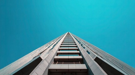 Poster - Modern Architecture Tower Reaching Sky Under Bright Blue Background
