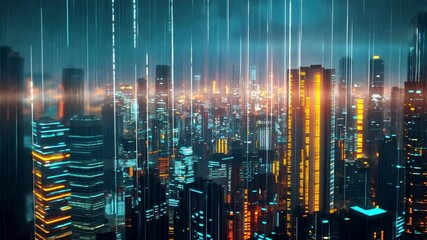 Poster - futuristic cityscape glowing buildings