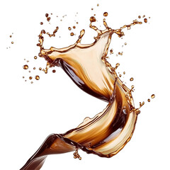 Poster - Brown liquid splash wave flows gracefully in mid air creating dynamic patterns and droplets, brown liquid splash wave flowing in air isolated on white background
