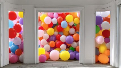 Poster - Room with a lot of balloons in it. The balloons are in different colors and sizes. The room is empty and has a lot of space