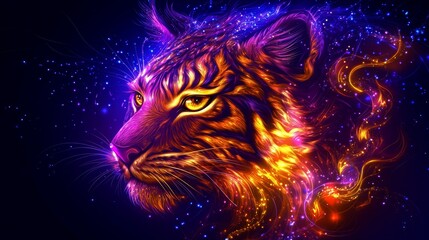 Wall Mural - Majestic tiger portrait imbued with cosmic energy a stunning illustration capturing the power and grace of the iconic animal with ethereal stardust trails