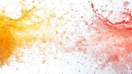 Poster - Colorful water splashes in yellow and red are frozen in mid-air against a white background, creating a dynamic and lively atmosphere perfect for creative projects