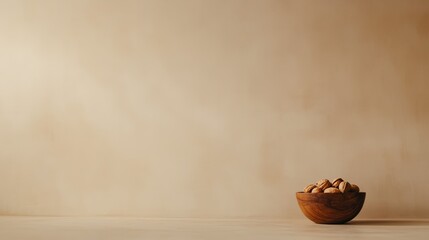 Poster - Wooden bowl showcases an assortment of shelled walnuts and walnut halves, perfectly arranged on a soft, neutral backdrop for culinary or product use