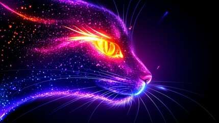 Wall Mural - Stardust feline gaze with piercing golden eyes in a dark galactic space background conveying mystery and power a celestial cat spirit guide