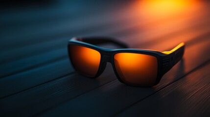 Poster - A single pair of 3D movie glasses rests on a smooth black surface, illuminated for a sleek and modern appearance, ideal for showcasing visual technology
