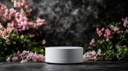 Poster - A minimalist white podium is beautifully surrounded by vibrant spring flowers in a lush green garden, illuminated by soft natural light that enhances the colors