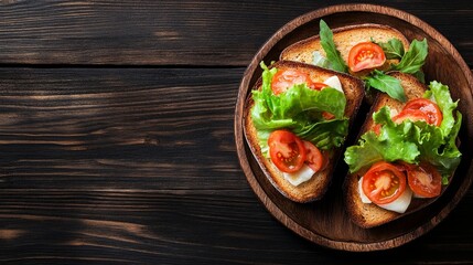 Aufkleber - Overhead view showcases a gourmet chicken sandwich made with fresh ingredients, illuminated by soft natural light on a rustic wooden surface