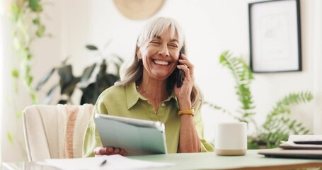 Poster - Phone call, smile and tablet with designer woman in office for communication, good news or update. Business, planning and research with happy mature employee in creative workplace for discussion