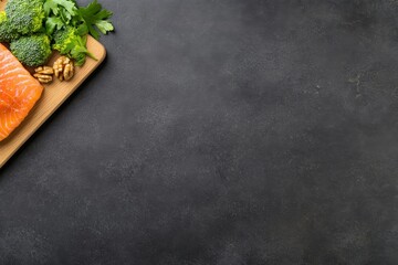 Poster - Nutritious brain-boosting foods like walnuts, salmon, and broccoli placed on a wooden board against a dark slate background, creating a clean and healthy vibe