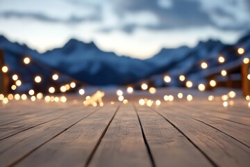 Aufkleber - overhead view of a wooden terrace showcasing a white table, set against a soft christmas background 