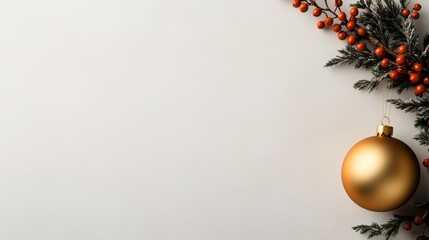 Aufkleber - Overhead shot showcases a gold ornament surrounded by red berries and greenery. The minimalist arrangement is set against a crisp white background for a festive touch