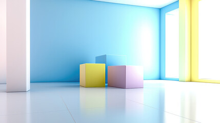 Poster - Minimalist room with pastel blue, yellow, and pink cubes on glossy white floor, soft natural light from large windows, modern and calm atmosphere